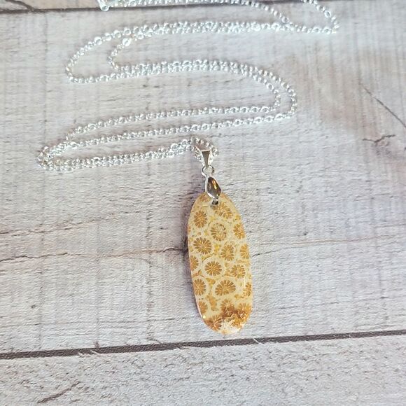 Handmade Jewelry - Yellow Coral Necklace Natural Fossil Pendant Oval